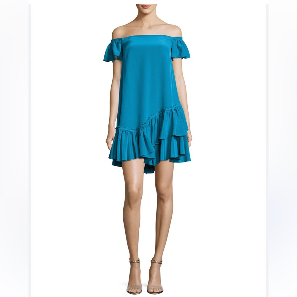 Cinq á Sept Minella Off-the-Shoulder Ruffled Satin Mini Dress in Teal